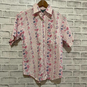 Women’s Cabin Creek pink/white stripe floral print short sleeve collar shirt M